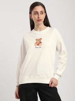 R&B - White Cotton Regular Fit Women Sweatshirt