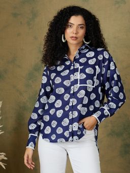 Kibo - Women Navy Blue Linen Floral Shirt
