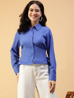 Oxolloxo - Women Blue Polyester Textured Shirt