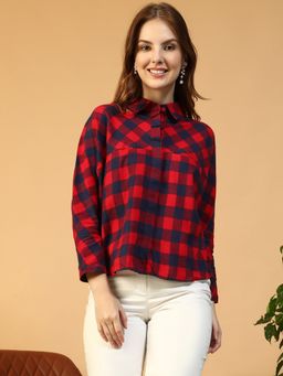 Oxolloxo - Women Red Cotton Checked Shirt