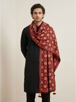 MUFFLY - Chinon Phulkari Floral Embroidered Men's Dupatta With Mirror And Beads Work - Maroon