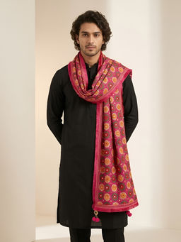 MUFFLY - Chinon Phulkari Floral Embroidered Men's Dupatta With Mirror And Beads Work - Pink