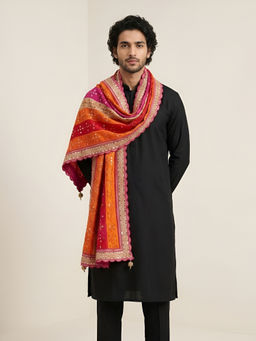 MUFFLY - Chinon Mirror Work Embroidered Men's Phulkari Dupatta With Lace Border - Multi-Color