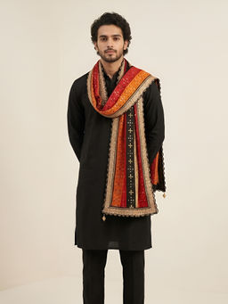 MUFFLY - Chinon Mirror Work Embroidered Men's Phulkari Dupatta With Lace Border - Multi-Color