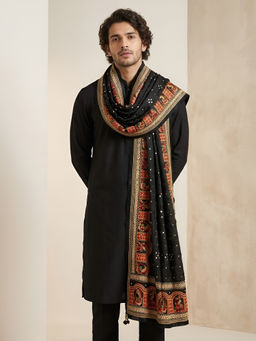 MUFFLY - Chinon Heritage Phulkari Men's Dupatta With Kutch Mirror Work - Black