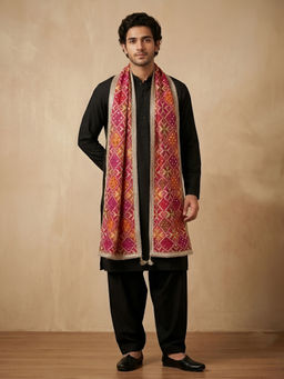 MUFFLY - Chinon Multicolour Phulkari Embroidered Men's Dupatta With Mirror Detailing - Multicolor