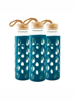 The Better Home - Borosilicate Water Bottles with Sleeve and Bamboo Lid Aqua (550ml) (Pack of 3)
