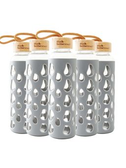The Better Home - Borosilicate Water Bottles with Sleeve and Bamboo Lid Grey (550ml) (Pack of 5)