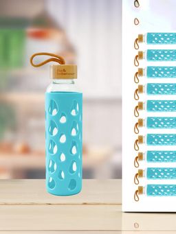 The Better Home - Borosilicate Water Bottles with Sleeve and Bamboo Lid Blue (550ml) (Pack of 10)