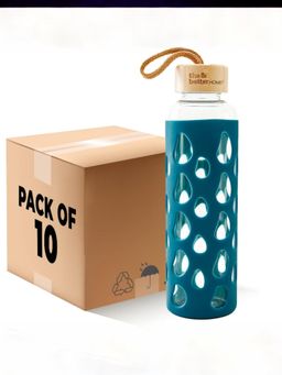 The Better Home - Borosilicate Water Bottles with Sleeve and Bamboo Lid Aqua (550ml) (Pack of 10)
