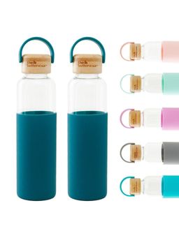The Better Home - Borosilicate Water Bottles with Sleeve and Bamboo Lid Aqua (500ml) (Pack of 2)