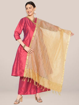 Dupatta Bazaar - Womens Gold Blended Silk Dupatta with Self checkered Pattern