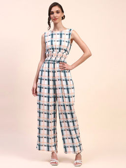 CAMLA - Barcelona Checkered Cinch Waist Sleeveless Off White Jumpsuit