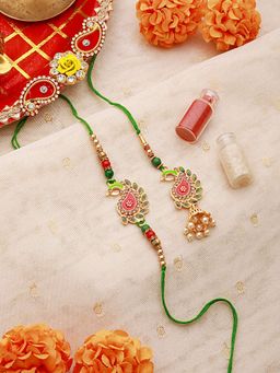 Aatmana - Peacock Shaped Meena Work Bhaiya Bhabhi Rakhi Lumba with Roli Chawal