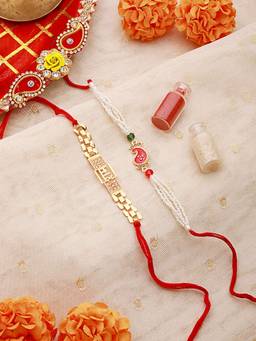 Aatmana - Gold Toned Ram & Leaf Shaped Pearl Beaded Rakhi with Roli Chawal