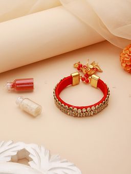 Aatmana - Gold Toned Kundan Studded Bangle Style Bhabhi Rakhi with Roli Chawal