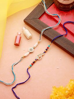 Aatmana - Pearl Beaded & Blue Peacock Shaped Designer Rakhi with Roli Chawal