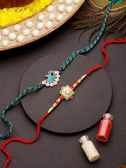 Aatmana - Peacock Shaped CZ Studded Designer Beaded Rakhi with Roli Chawal