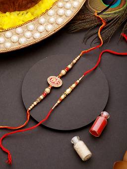Aatmana - Trishul Enamelled & Faux Pearl Beaded Rakhi with Roli Chawal