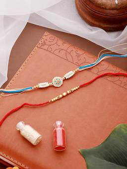 Aatmana - Faux Pearls Beaded & Enamelled Thread Rakhi with Roli Chawal
