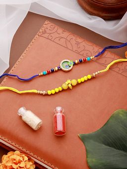 Aatmana - Pearl Beaded & Blue Morpankh Enamelled Rakhi with Roli Chawal