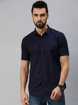 SHOWOFF - Men Casual Cotton Printed Slim Fit Shirts-navy Blue