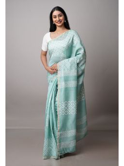 Unnati Silks - Turquoise Pure Block Printed Chanderi Sico Saree with Unstitched Blouse