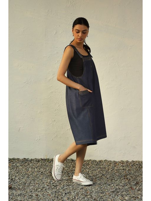 suspender dress denim Button Front Overall Denim Midi Suspender Skirt with Pockets, Dark Blue / S