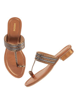 Mochi - Womens Antique Gold Block Heel ChappalsMochi Solid Antic Gold Slip Ons