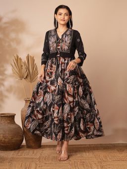 FASHOR - Ethnic Floral A-Line Maxi Dress with Short Embroidered Jacket - Black (Set of 2)