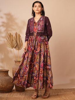 FASHOR - Ethnic Floral Maxi Dress with Short Embroidered Jacket - Burgundy (Set of 2)