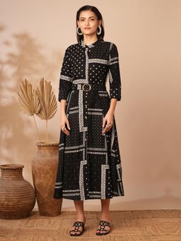 FASHOR - Ethnic Floral A-Line Flared Midi Dress with Belt - Black
