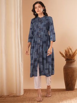 FASHOR - Geometric Checks Pleated A-Line Flared Midi Kurta - Blue