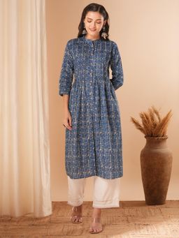 FASHOR - Ethnic Geometric A-Line Pleated Midi Flared Kurta - Blue