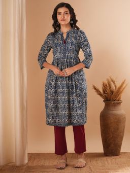 FASHOR - Ethnic Floral A-Line Pleated Kurta - Blue