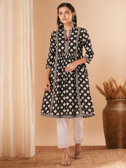 FASHOR - Ethnic Floral A-Line Pleated Midi Kurta - Black