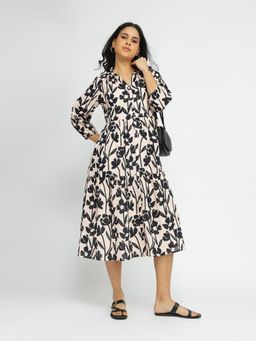 Pink Fort - Cotton Floral Tiered Midi Dress - Black and Beige