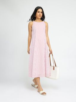 Pink Fort - Cotton Stripe Play Midi Dress - White and Red