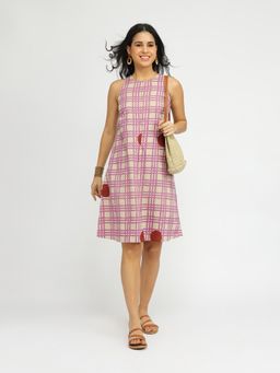 Pink Fort - Cotton Checked Sleeveless Dress - Purple and Beige