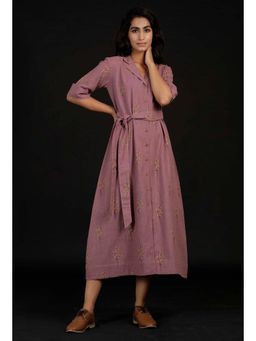 Tjori - Ahana Violet Block Print Cotton Midi Dress with Belt