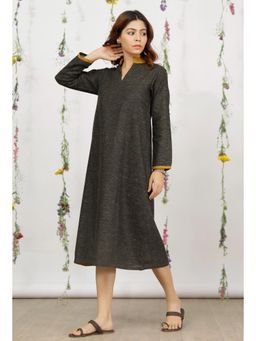Tjori - Dark Olive Khadi Cotton Straight Midi Dress