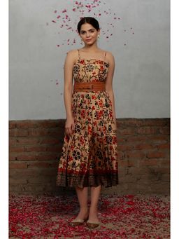 Tjori - Beige Kalamkari Printed Cotton Silk Midi Dress with Single Buckle Belt