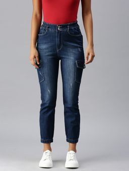 SHOWOFFFF - Women Low Distress Navy Blue Jogger Denim Jeans