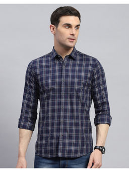 Monte Carlo - Mens Navy Blue Checks Spread Collar Casual Shirt