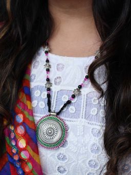 BeAbhika - Oxidized Silver Pink and Green Long Necklace