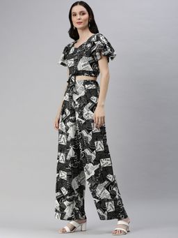 SHOWOFFFF - Womens Printed Black Round Neck Co-ords (Set of 2)