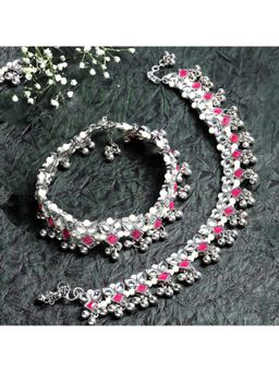 Karatcart - Oxidised Silver Red Kundan Anklet for Women