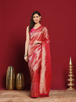 MEENA BAZAAR - Red Art Silk Woven Saree with Unstitched Blouse Piece