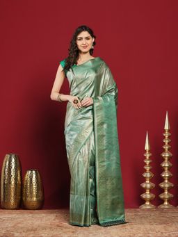 MEENA BAZAAR - Green Art Silk Woven Saree with Unstitched Blouse Piece