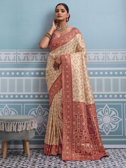 MEENA BAZAAR - Beige Art Silk Woven Saree with Unstitched Blouse Piece